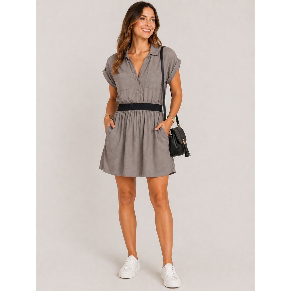 Theory Gray Shirt Dress Sz Small Cotton Modal Mini Dress Black Waistband Pockets